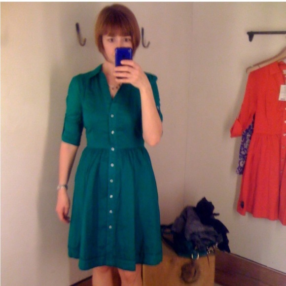 Anthro Moulin Sours 100% Cotton Kelly Green Button Down A-Line Shirt Dress - Picture 3 of 12